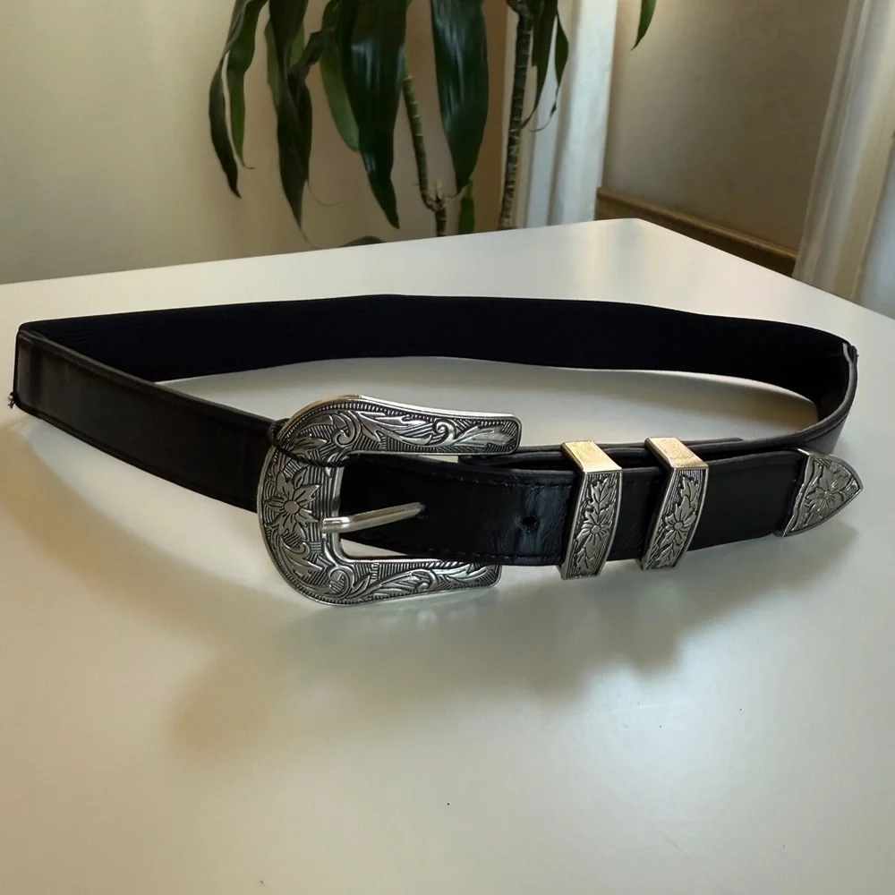 Western Belt Buckle Black Faux Leather Elastic High Waisted